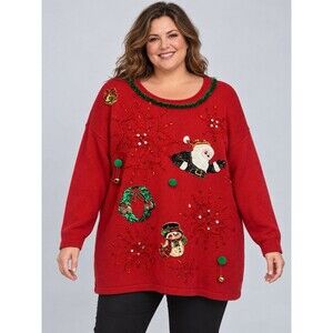 Jacque & Koko Red Beaded Sequin Santa Snowman Crew Neck Sweater Plus 26/28